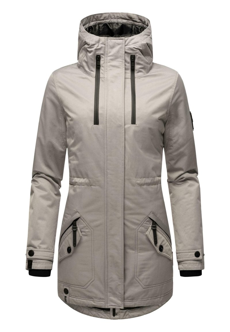 Light gray parka jacket made of weather-resistant material, featuring a zip front, two side pockets, adjustable hood, and black hardware accents.