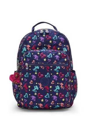 Zaino blu navy con motivi di animali di palloncini colorati e cuori, tasca frontale con cerniera, tasche laterali e portachiavi rosa soffice.