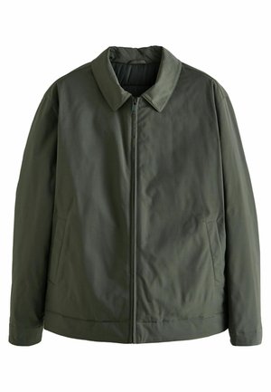 Jachetă verde măslină, cu mâneci lungi, guler și fermoar frontal, dotată cu buzunare laterale. Fabricată dintr-un material neted, cu un design ușor și casual.