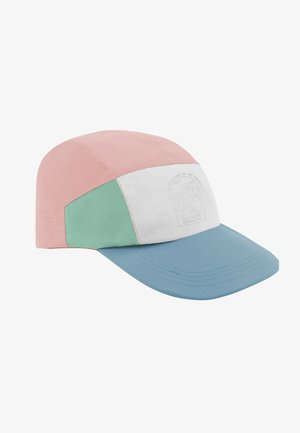 Colorful cap with a flat brim; material appears lightweight. Features pink, green, white, and blue panels with a logo printed on the front.