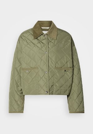 Korte, gewatteerde jas in olijfgroen, met een corduroy kraag, twee voorzakken, drukknoopsluiting en een gestructureerd ruitpatroon.