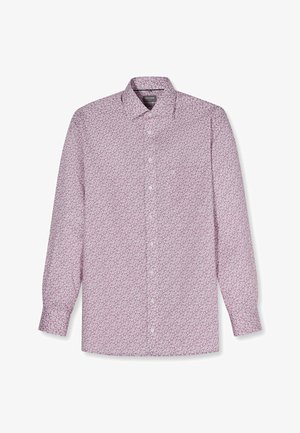 Chemise à manches longues avec boutons, présentant un motif cachemire complexe rose et blanc, et un col classique.