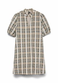 Karetkowa sukienka z wysokim dekoltem, krótkimi bufkami i otworem w kształcie klucza. Wykonana z lekkiego materiału w beżowych, czarnych i niebieskich odcieniach.