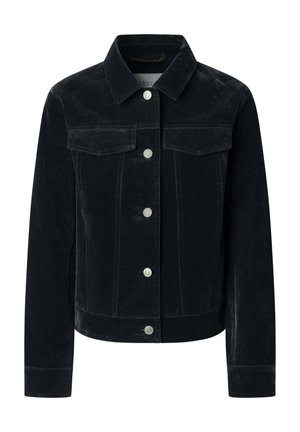 Black corduroy jacket with a collar, silver buttons, two chest pockets, and long sleeves. Textured fabric suggests warmth and durability.