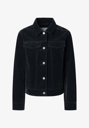 Chaqueta de pana negra con cuello, botones plateados, dos bolsillos en el pecho y mangas largas. La tela texturizada sugiere calidez y durabilidad.