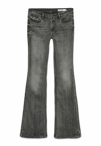 Gray, flared jeans made of denim. Features a standard waistband, five pockets, and subtle fading at the thighs and knees.