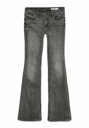 Jeans grigi flared in denim. Presentano una vita standard, cinque tasche e una leggera sfumatura alle cosce e alle ginocchia.