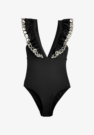 FRILL PLUNGE TUMMY CONTROL - Maillot de bain - black broderie