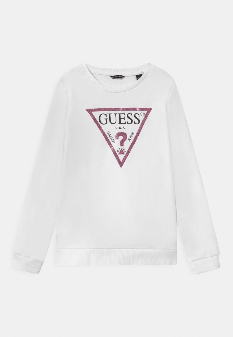 Sudadera blanca de manga larga y cuello redondo. Presenta un logo triangular de purpurina rosa con "GUESS U.S.A." y texto en su interior.