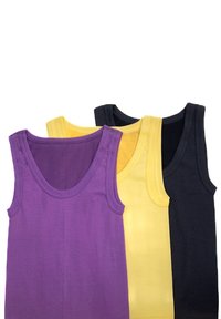 Trzy topy na ramiączkach w kolorach fioletowym, żółtym i czarnym, wykonane z bawełny o gładkiej teksturze i szerokich ramiączkach, z okrągłym dekoltem.