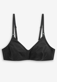 Schwarzer Baumwoll-BH mit v-förmigem Ausschnitt, verstellbaren Trägern und minimalistischem Design. Keine sichtbaren Beschläge oder Muster.