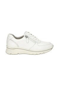 Baskets blanches en cuir avec lacets sur le devant, fermeture éclair latérale, col matelassé et semelle épaisse en caoutchouc pour un usage décontracté.