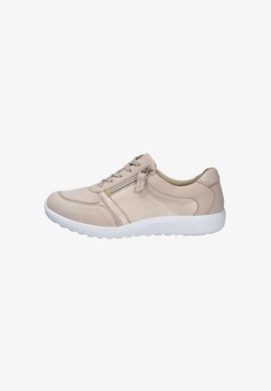 Baskets décontractées en cuir beige avec semelle blanche, lacets à l'avant et fermeture éclair latérale pour un enfilage facile.