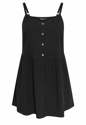 Vestido negro sin mangas con tirantes finos, abertura frontal con botones, cuerpo ajustado y falda acampanada en tela ligera y texturizada.