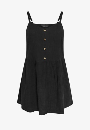 Vestito nero senza maniche con spalline sottili, davanti con bottoni, corpetto aderente e gonna svasata in tessuto leggero e texturizzato.