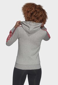 Felpa grigia con un design aderente, cappuccio, dettagli a righe rosse sulle maniche e polsini a costine. Tessuto morbido con una texture liscia.