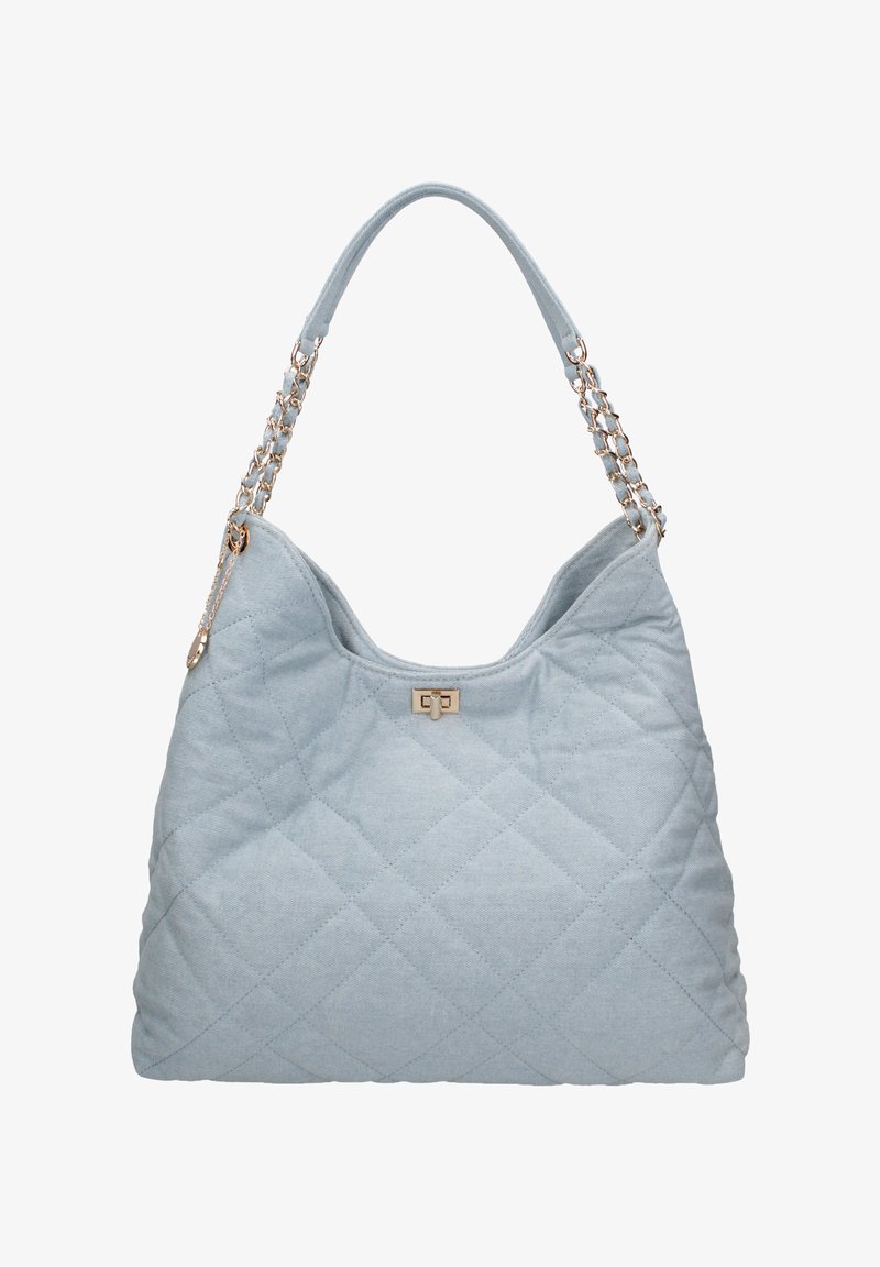 Gequilted blauwe stoffen handtas met een gebogen bovenkant en kettingband. Heeft een gouden logo-accent en contrasterende stiksels.