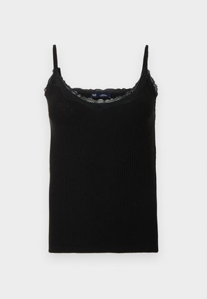 Svart ribbet tanktopp med tynne stropper og en blonderkantet utringning. Har en tettsittende fasong og glatt tekstur, egnet for lag-på-lag.