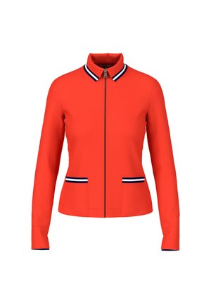 Red zip-up jacket with a collar, featuring navy and white striped accents on the collar and pockets. Smooth texture, fitted design.