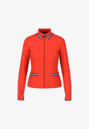 Red zip-up jacket with a collar, featuring navy and white striped accents on the collar and pockets. Smooth texture, fitted design.