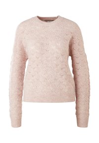 Pull tricoté rose clair avec un motif géométrique texturé, col rond, poignets et ourlet côtelés.