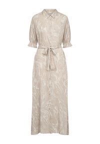 Robe beige à manches ballons courtes, avec un motif marbré blanc, et une ceinture à nouer à la taille. Tissu fluide et design longueur cheville.