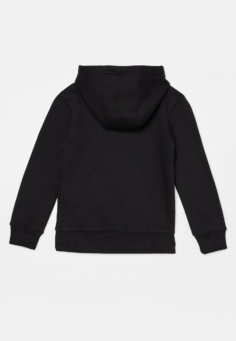 Sweatshirt à capuche noir avec des manches longues, des poignets et une taille côtelés. Texture douce, sans motifs ni logos visibles au dos.