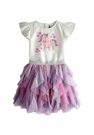 Valge lühikeste varrukatega kleit, millel on roosa ja lilla kihiline tüllseelik, hõbedane vöökoht ning roosa unicorn lillelist detailidega bodi peal.