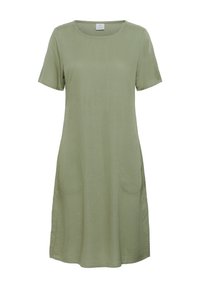 Saluigroen, korte mouwen, jurk tot de knie met ronde halslijn en opgestikte zakken aan de voorkant, gemaakt van lichtgewicht stof.