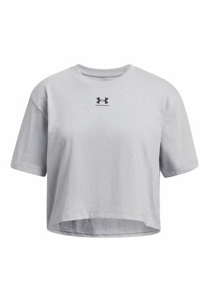 T-shirt gris cropped en coton avec un col rond, des manches courtes et un petit logo noir Under Armour sur la poitrine.
