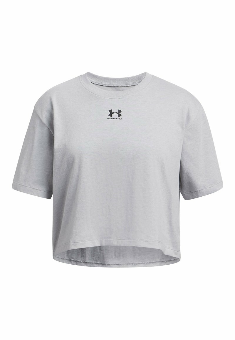 Grå kortärmad t-shirt i bomull med rund hals, korta ärmar och en liten svart Under Armour-logga på bröstet.