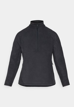 Tumehall villane pullover, millel on pooltõmbe kaelus, pikad varrukad ja küljetaskud; struktureeritud kangas ja sile kaeluse viimistlus.