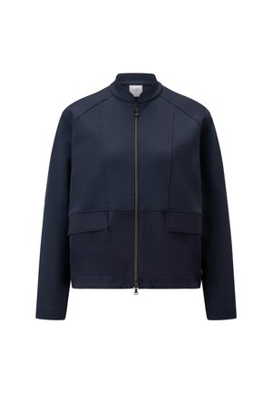 Navy blue zip-up jacket made of smooth fabric with a stand collar, featuring front pockets and a sleek, structured silhouette.