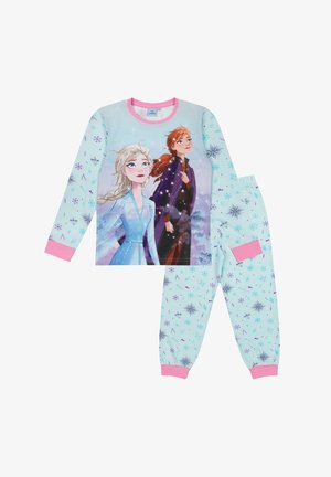 Frozen-themed pajama set featuring a long-sleeve top with a printed character design and light blue pants with snowflake patterns and pink accents.