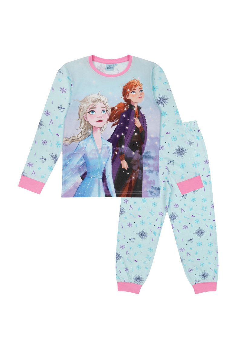 Frozen-themed pajama set featuring a long-sleeve top with a printed character design and light blue pants with snowflake patterns and pink accents.
