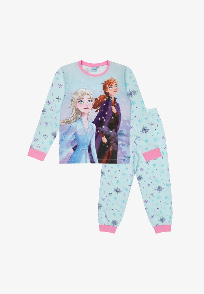 Frozen-themed pajama set featuring a long-sleeve top with a printed character design and light blue pants with snowflake patterns and pink accents.
