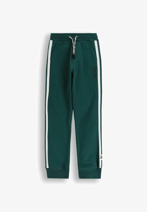 Zielone dresy wykonane z miękkiego materiału, z białymi paskami po bokach, elastycznym pasem, sznurkiem i ściągaczami przy kostkach. Posiadają detal z logo 'ATHLETIC'.