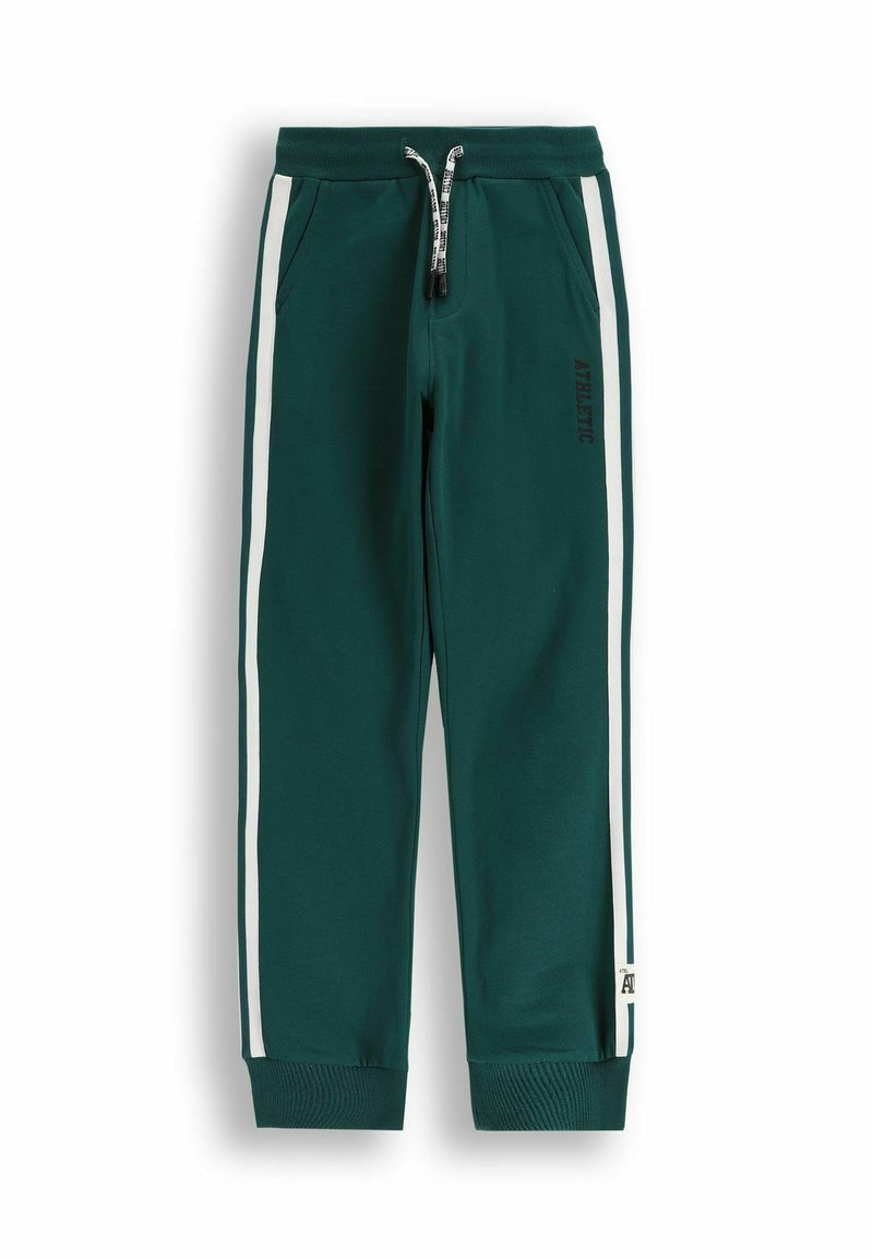 Zielone dresy wykonane z miękkiego materiału, z białymi paskami po bokach, elastycznym pasem, sznurkiem i ściągaczami przy kostkach. Posiadają detal z logo 'ATHLETIC'.