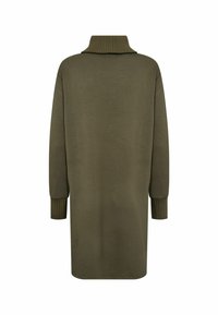 Olijfgroene oversized trui-jurk met een hoge geribde kraag en geribde manchetten, een gladde textuur, een verlengde vorm en een minimalistisch ontwerp.