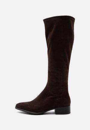 Botte haute en daim brun foncé avec un petit talon bloc et un bout pointu, présentée sur un fond clair uni.