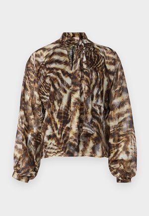 Sheer brown blouse with a tie neck, featuring an abstract animal print pattern. Long sleeves with gathered cuffs, loose fit, and soft texture.