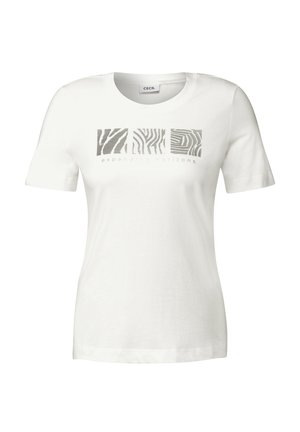 T-shirt en coton blanc à manches courtes, présentant un graphique central de quatre bandes texturées en gris avec le texte "horizons en expansion" en dessous.