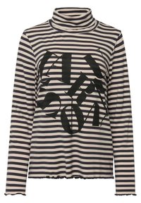 Gestreiftes Langarm-Turtleneck-Oberteil in Beige und Marineblau, mit einem schwarzen Grafikdesign und Nieten. Saum und Bündchen haben einen wellenförmigen Abschluss. Weicher, elastischer Stoff.
