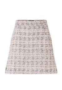 Een roze tweed A-lijn rok met een gestructureerd ruitpatroon, met een hoge tailleband en een uitlopende vorm.