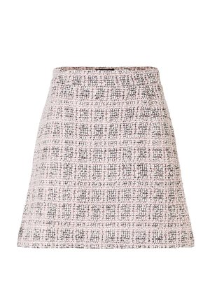 Ein pinkfarbener Tweed-A-Linien-Rock mit einem strukturierten Rautenmuster, der eine hohe Taille und eine ausladende Form aufweist.