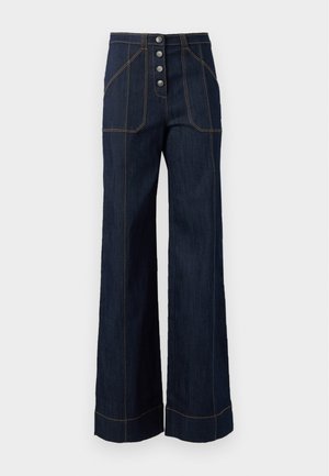 Dark denim wide-leg trousers with high waist, five-button front closure, and contrasting gold stitching. Features large front pockets.