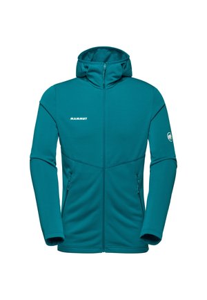 Teal-Fleecejacke mit Kapuze, Frontreißverschluss und Seitentaschen. Mit einem Logo auf der Brust und einem runden Logo am Ärmel. Glatte Textur.