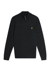 Mörkgrå tröja med hög krage och en fjärdedels dragkedja. Har en liten gul örnlogga på bröstet. Mjuk textur, långa ärmar.