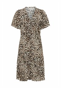 Leopardmönstrad omslagsklänning med korta ärmar, V-ringning, samlad midja och flödande kjol i nyanser av beige, brunt och svart.