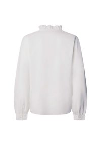 Blusa bianca a maniche lunghe con colletto alto arricciato e polsini con bottoni, mostrata da dietro su uno sfondo bianco semplice.